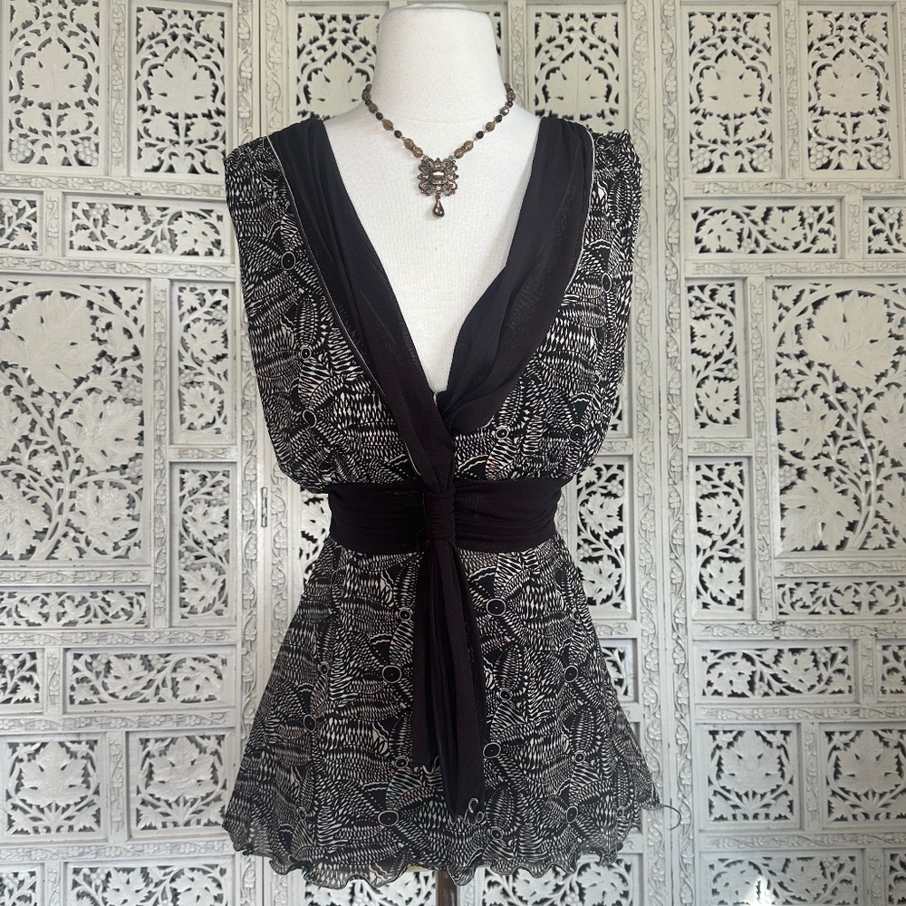 Vintage Max Studio Y2k Boho Asymmetrical Mesh‎ V Neck Blouse Sz Large
